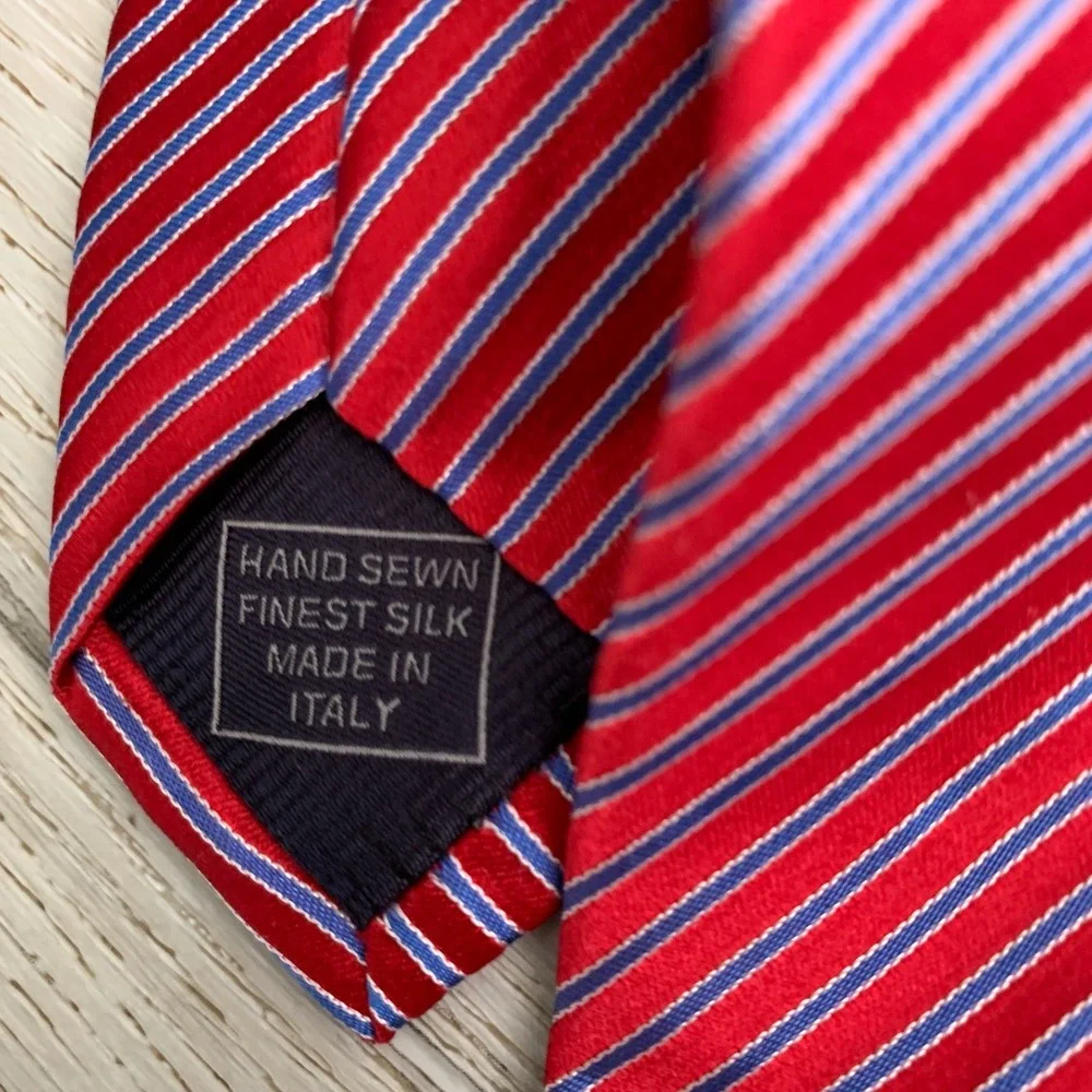 Robert Jensen Red Blue White Striped Silk Tie Hand Sewn Italy Mens Necktie